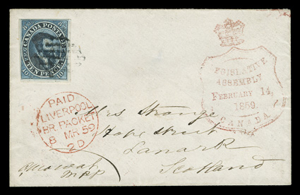 7a, 1855 10p Blue on thick white paper, deep luxuriant color and a sharp detailed impression, exceptionally large margins on two sides, close to just touching at top and left,
tied by squared grid to petite cover to Lanark, Scotland, from the fa