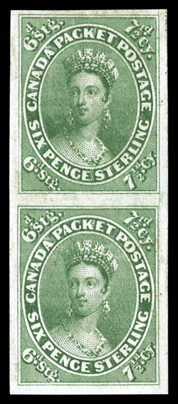 9, 1857 7½p Green, a phenomenal right sheet-margin vertical mint pair, in the finest condition imaginable, showing just a trace of the imprint in the top right margin, lavishly
large margins all around, stunning color and impression which would