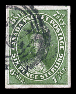 9, 1857 7½p Green, select used example, possessing four exceptionally large and well balanced margins, deep luxuriant color and a strong impression, partial numeral target
cancel, extremely fine (Unitrade C$4,500.00).