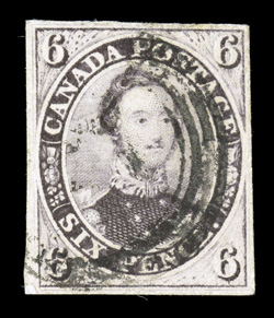 10, 1857 6p Reddish purple on very thick soft wove paper, a seldom encountered completely sound used example of one of the most difficult stamps of Canada, devoid of the flaws
so often seen due to the soft nature of the paper, with four full to