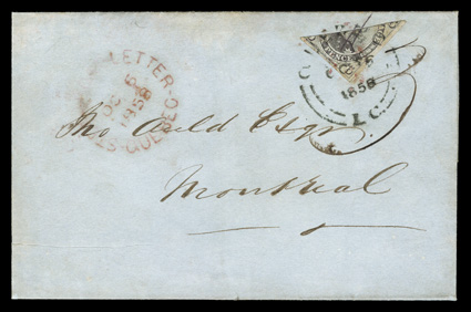10a, 1857 6p Reddish purple on very thick soft wove paper, diagonal half used as 3p, bottom right diagonal half with large margins, beautifully tied across cut by Quebec,
L.C.OC 6 1858 c.d.s. (as well as two small ms. lines) to folded entire