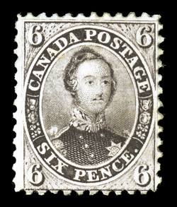 13, 1859 6p Brown violet perforated, an extraordinarily fresh mint example of this rare and difficult stamp, possessing incredibly deep fresh color in a rich brown violet
shade, crisp detailed impression, full even perforations which are frequen