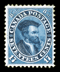 19, 1859 17c Blue, quite well centered with uncharacteristically large margins, sumptuously rich color and a razor-sharp impression, virtually full o.g., very fine and
exceedingly choice 1997 V.G. Greene certificate (Unitrade C$3,600.00).