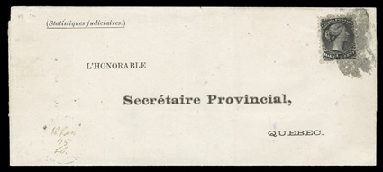 21, 1868 ½c Black, well centered single, the sole franking on a clean 1875 open ended periodical wrapper from St. Maurice to Quebec, tied by cork cancel, light but identifiable
strike of St. Maurice c.d.s. at bottom left with 18 Jan 75 date ad