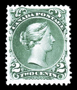 24a, 1868 2 Green on watermarked paper, an exceptionally rare unused example of this variety, showing an easily identifiable portion of the watermark, extraordinarily bright
and fresh, rich luxuriant color and a sharp impression on immaculate pa