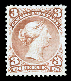 25, 1868 3c Red, incredibly well centered within considerably larger margins than typically found, lovely pastel shade, o.g., extremely fine (Unitrade
C$5,000.00).