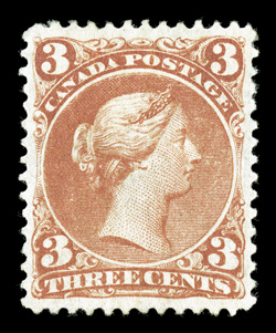 25b, 1868 3c Deep red on thin paper, wonderfully choice mint example, possessing an exceptional overall freshness, with bright color and a crisp impression, unusually well
centered and margined, full o.g., relatively lightly hinged, extremely fi