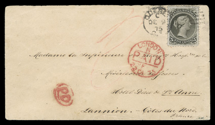 26, 1875 5c Olive green, perforated 11½x12, well centered and margined single (couple of nibbed perfs.), used as the sole franking on a lovely cover from Quebec to Lannion,
France via England, typically the rate was 10c per ¼ oz. but the preferr