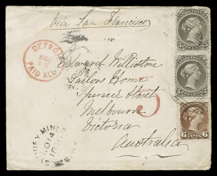 26, 1875 5c Olive green and 1872 6c Yellow brown, vertical pair of the former and a single of the latter, tied a most attractive and rare cover to Melbourne, Australia by light
rimless grid postmarks, Sydney MinesNO 14 1876 originating c.