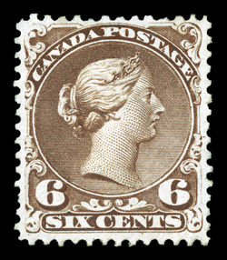 27a, 1868 6c Yellow brown, plate 1, lovely distinctive color, well incised impression, attractively centered, full o.g., lightly hinged, very fine ex-Chapin (Unitrade
C$4,400.00).