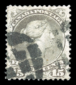 30d, 1876 15c Greenish gray on script watermarked paper, perforated 11½x12, an extremely rare used example of this seldom offered and unusual watermark variety, showing a
portion of the P of Pirie script watermark, centered a bit to bottom,