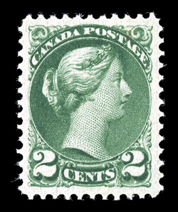 Unitrade 36ii, 1872 2c Blue green, Ottawa printing, gem mint single of this shade, possessing an incredible overall freshness, with strikingly rich color and impression, near
perfect centering within lavishly large margins, immaculate o.g., n.h.
