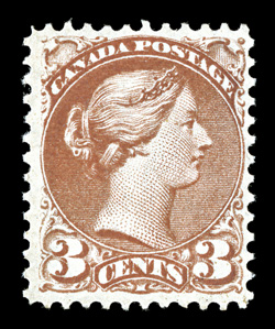 37b, 1870 3c Copper red, a wonderfully fresh mint example of this rare and distinctive shade, attractively centered, deep rich color and a crisp detailed impression, full o.g.,
very fine for this (Unitrade C$1,800.00).