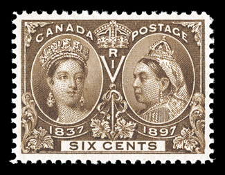 55, 1897 6c Jubilee, flawlessly centered amid uncommonly large margins, deep luxuriant color and a razor-sharp impression on immaculate paper, o.g., n.h., extremely fine an
especially choice never hinged example 1995 PF certificate for a verti