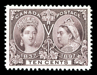 57, 1897 10c Jubilee, a spectacular quality mint example in the finest condition possible, possessing mathematically perfect centering amid huge margins, gorgeous intense color
and a sharp detailed impression, unblemished o.g., n.h., extremely f