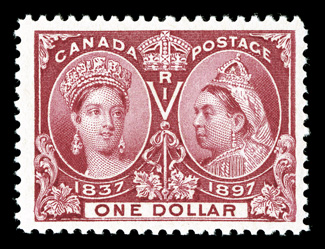 61, 1897 $1.00 Jubilee, brilliantly fresh, sumptuously rich color and a deeply etched impression, well centered within very large margins, pristine o.g., n.h., choice very fine
an especially desirable never hinged One Dollar Jubilee 1997 PF ce