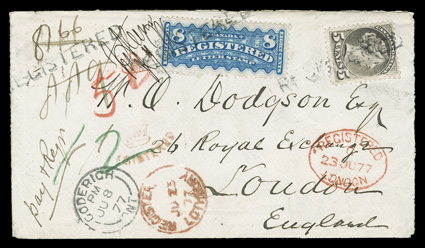 F3, 1876 8c Blue registration stamp, exceptionally well centered single, tied to a fabulous 1877 registered cover from Goderich to London, England by a straight line Registered
handstamp, also tied by a bit of a manuscript endorsement, with po