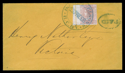 2, 1860, 2½p Rose, a lovely left-wing and sheet-margin single, with especially rich color, beautifully tied to an orange colored cover to Victoria by an unusually well struck
(Dietz &) Nelsons*B.C. & V*Express blue double circle handstamp