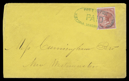 3, 1865 5c Rose imperforate, an absolutely superb example, featuring four large to huge margins, including showing traces of adjoining stamps both at top and at bottom left,
plus its color is particularly intense and impression well defined on b