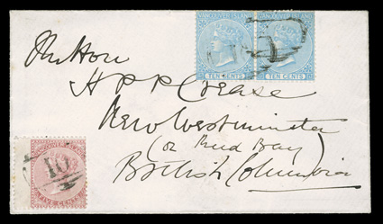 5, 6, 1865, 5c Rose and 10c Blue, former a left wing-margin example, latter a horizontal pair (slight perf. flaws at top from placement close to edge of cover), both with rich
color and cancelled by numeral 10 in barred oval of Williams Creek