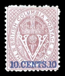 15, 1869 10.Cents.10 on 3p Lilac rose, perf. 12½, near perfect centering for these notoriously poorly centered stamps, bright fresh color, full o.g., minor h.r., very fine and
exceedingly choice ex-Chapin (Unitrade C$3,000.00).