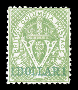 18, 1869 1.Dollar.1 on 3p Green, perf. 12½, exceptionally well centered, strong fresh color, full o.g., very fine an especially scarce stamp in this premium condition ex-Chapin
(Unitrade C$4,500.00).