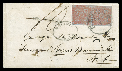 1, 1851 3p Red, horizontal pair with ample to large margins, rich color, lightly folded between stamps, tied to an extraordinary 1856 cover used from the United States into New
Brunswick, pair tied by choice clear strikes of both New-YorkS