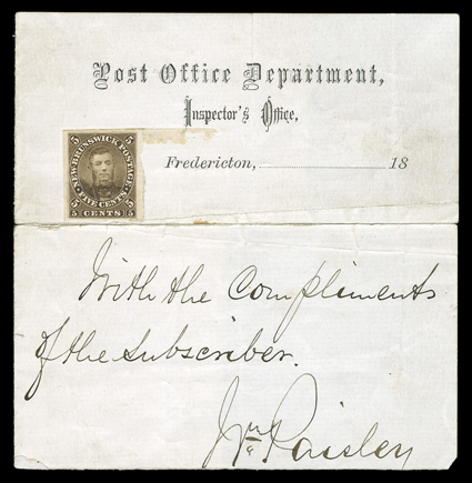 5, 1860 5c Brown Connell, imperforate on thicker paper, the only known example of this variety on a presentation sheet, with full to mostly huge margins all around, mounted
just at the top by its full original gum on a Post Office DepartmentIn