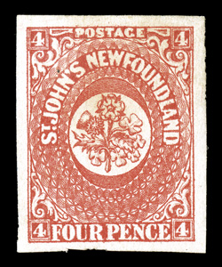 4, 1857 4p Scarlet vermilion, rare unused example, without gum as almost always found, brilliantly fresh with sumptuously rich color and a prooflike impression on bright paper,
four very large margins, tiny black spot on face at top left is the