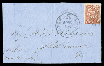 4, 1857 4p Scarlet vermilion, four ample to mostly very large margins, strong color and impression, tied to blue 1859 folded entire from the Tucker correspondence by an oval
grid, red originating St. Johns NewfoundlandAP 1 1859Paid c.d.s. w