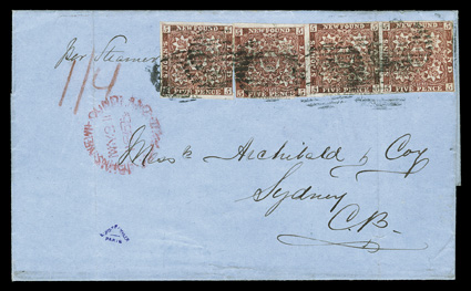 5, 1857 5p Brown violet, a single and an exceptionally rare horizontal strip of three, all stamps with ample to large margins all around, deep rich color, all tied to an 1858
blue colored folded entire from St. Johns to Sydney, C.B. (Cape Breto