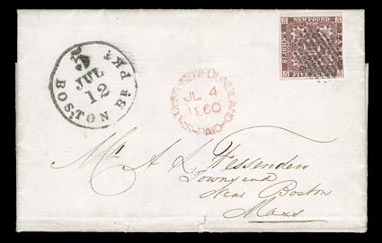 5, 1857 5p Brown violet, three very large margins, fourth just touching, strong rich color, nicely tied by single light strike of small barred oval postmark to neat white 1860
folded letter to Townsend Near Boston, Mass., excellent strike of r