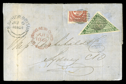 8a, 11A, 1857 8p Scarlet vermilion, horizontal bisect used as 4p, and 3p Green, the bisect being the top half, each with very large margins, neatly tied by small barred oval
cancels to 1861 folded entire from Harbor Britain to Sydney, Cape Breto