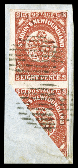 8a, 1857 8p Scarlet vermilion and 8p Scarlet vermilion, diagonal half used as 4p, unsevered vertical pair, the bottom stamp being diagonally bisected, tied to small piece
(including over bisect cut) by light strikes of grid cancels, stamps with