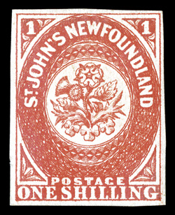 9, 1857 1- Scarlet vermilion, an immensely rare mint example of this important classic stamp, possessing full and well balanced margins all around, and especially impressive is
this stamps outstanding color that is incredibly intense, with a d