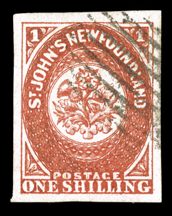 9, 1857 1- Scarlet vermilion, an exquisite used example of this rarity, being in a condition which places it among the finest known, possessing lavishly large and uniformly
balanced margins all around, which are most uncharacteristic of thi