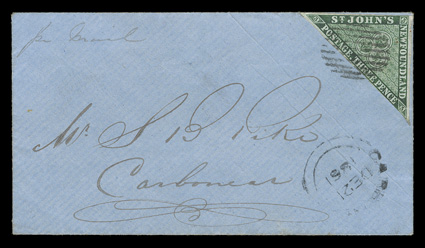 11A, 1860 3p Green, margins all around but just clear at bottom, trivial corner crease, tied to petite blue cover from St. Johns to Carbonear by single small barred oval, St.
Johns NewfoundlandDC 18 1861 c.d.s. on reverse, CarbonearDE 21
