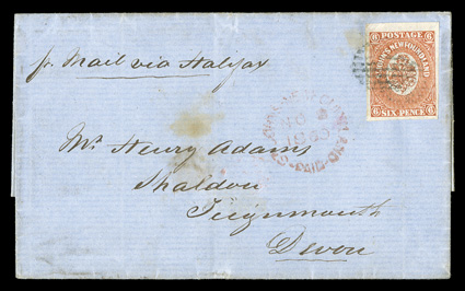 13, 1860 6p Orange, an impressive single with four large to huge margins, including a potential partial sheet margin at top, deep vibrant color and impression on bright paper,
nicely tied to a blue colored 1860 folded entire from St. Johns to T