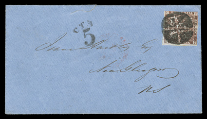 19, 1861 5p Reddish brown, large margins on two sides, just cut into on other two, most unusual color (described once by Pratt as Venetian red), tied by perfect central strike
of a quartered cork cancel to blue colored cover from St. Johns to
