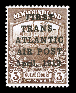 C1, 1919 3c Brown, with FirstTrans-AtlanticAir PostApril, 1919. overprint, the so-called Hawker air post stamp, a gem mint example of this great rarity, with manuscript
initials (of the Postmaster) J.A.R. on the reverse as always, wond
