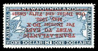 C12a, 1932 $1.50 DO-X Surcharge on $1.00 Deep blue, surcharge inverted, a magnificent example of this important air post rarity, possessing exceptional freshness and being
wonderfully well centered, pristine o.g. that has been only very lightl