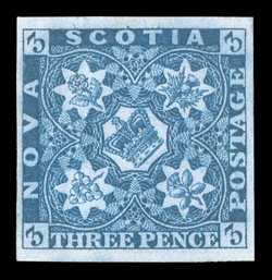 3, 1851 3p Dark blue, choice mint example, four exceptionally large margins, strong rich color and a crisp detailed impression, part o.g., extremely fine and handsome ex-Chapin
(Unitrade C$4,400.00).