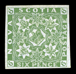 4, 1851 6p Yellow green, unused, four large to very large margins, bright fresh color, extremely fine a choice example of this scarce stamp ex-Koh (Unitrade
C$6,500.00).