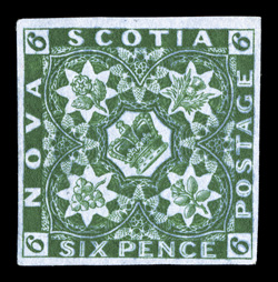 5, 1857 6p Dark green, an exceedingly rare unused example, featuring large margins all around, plus its color is especially deep and its impression quite detailed on bright
paper, couple of small thin spots which do not detract from this stamps