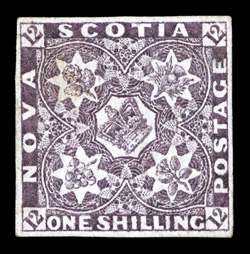 6, 1851 1- Reddish violet, an incredibly rare unused example of this important classic, not only in exceptional quality but the stamp also displays a distinctive portion of the
papermakers watermark (which the Unitrade catalog gives a two