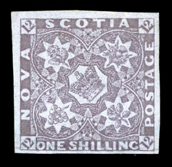 7, 1851 1- Dull violet, a rarely offered unused example of this distinctive shade, featuring ample to mostly very large margins all around, beautifully rich color and a finely
detailed impression, slightly creased along One Shilling margin, o