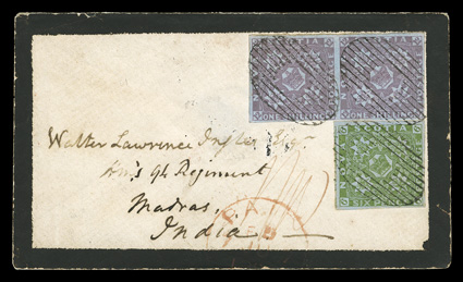 7, 1851 1- Dull violet (the so-called cold violet), horizontal pair, used in combination with single 6p Yellow green (4), both the 6p single and the magnificent pair of the 1-
feature large and well balanced margins, in addition to gorgeous