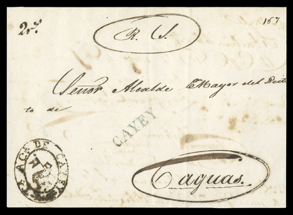 CAYEY, perfectly struck blue straightline on Official cover front to the Mayor at Caguas, ms. R.S. at top for Real Servicio and 2Rs manuscript rate, very
fine.