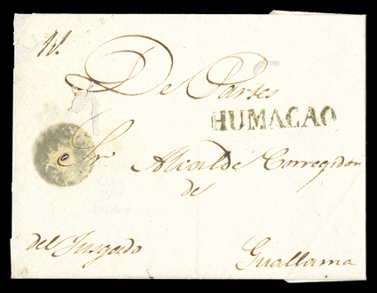 HUMACAO, fully struck Ty. 2 straightline handstamp in green on Official cover to the Mayor at Guayama from the Humacao Court of Justice, very clean but with some worm holes,
very fine strike one of only five known examples ex-Roca.