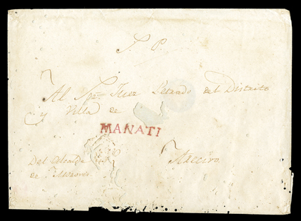 MANATI, bold red Ty. 1 straightline handstamp in red on Official cover to the District Judge at Arecibo, fresh but with worm holes slightly affecting the marking, very fine
strike extremely rare with only a couple examples recorded ex-Roca.